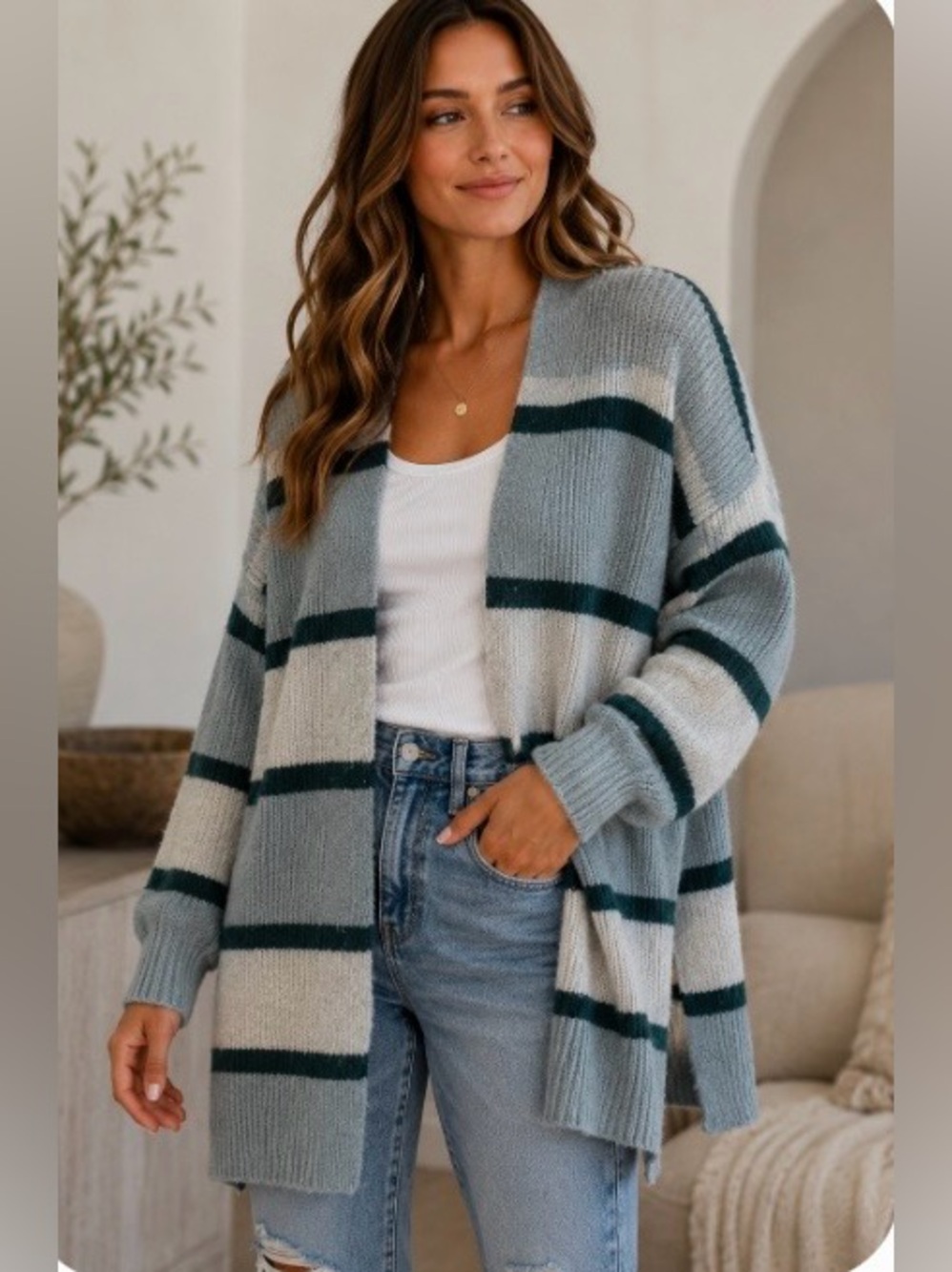 Maurices Striped Open-Front Blue & Gray Cardigan